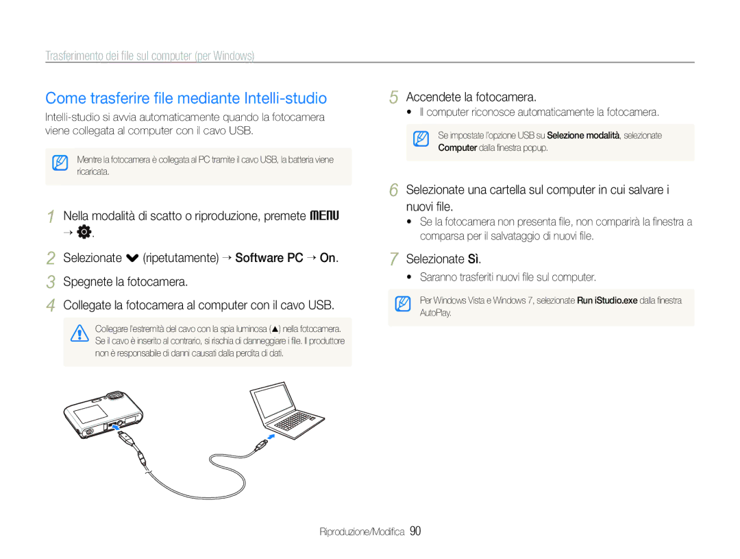 Samsung EC-ST100ZBPGIT manual Come trasferire ﬁle mediante Intelli-studio, Trasferimento dei ﬁle sul computer per Windows 