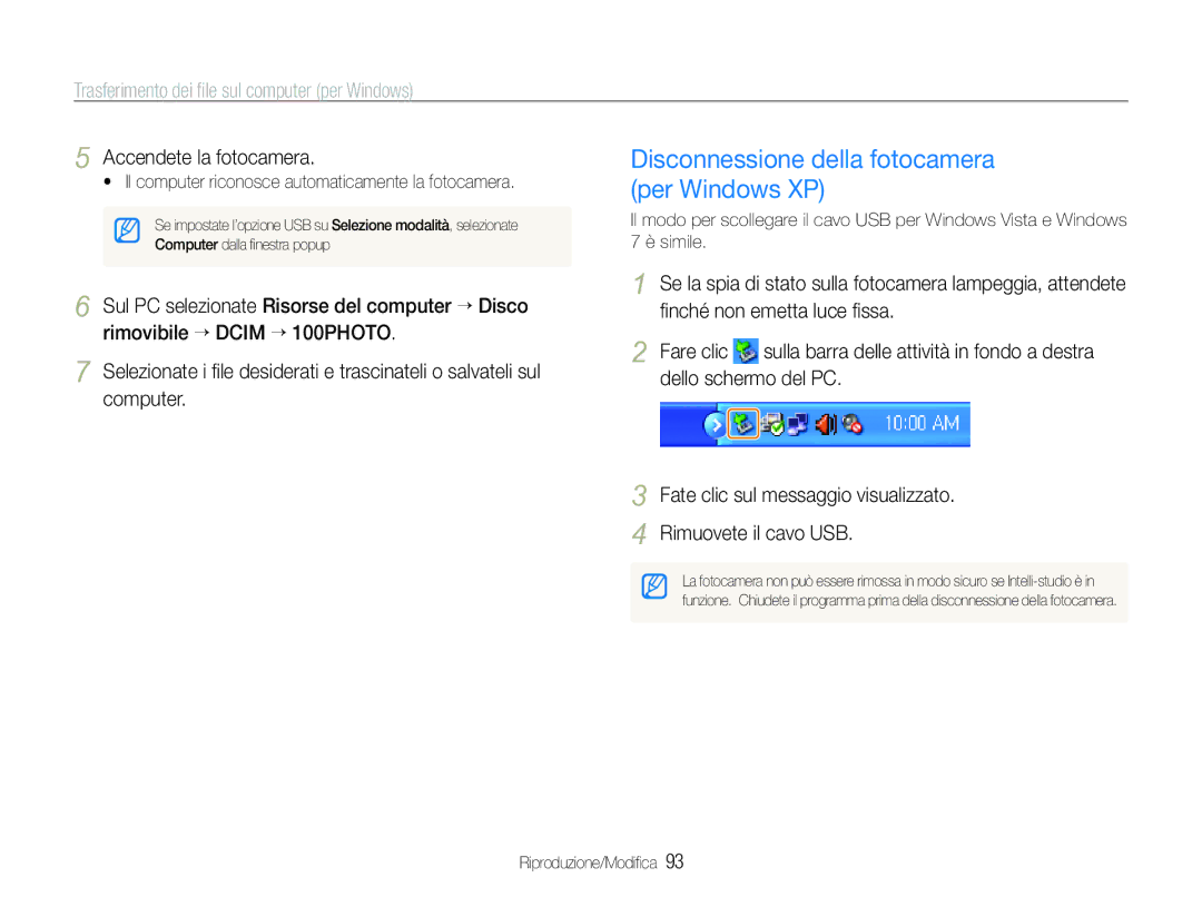 Samsung EC-ST100ZBPGIT manual Disconnessione della fotocamera per Windows XP 