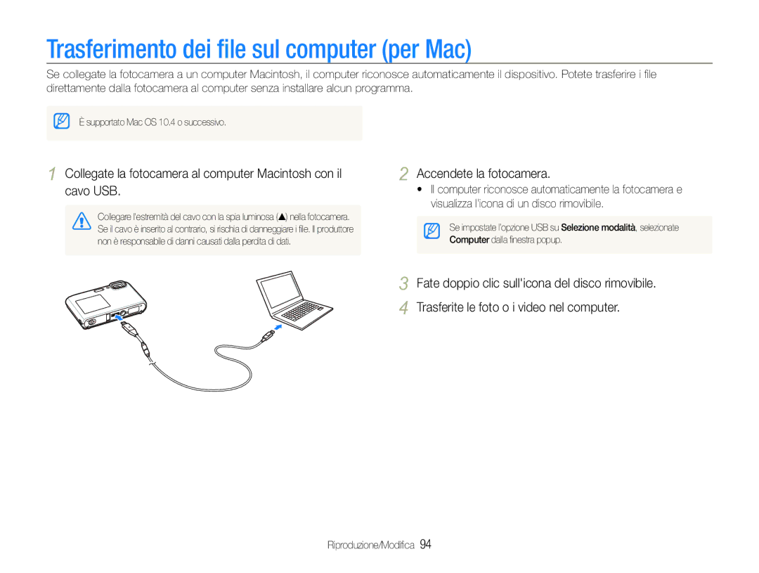 Samsung EC-ST100ZBPGIT manual Trasferimento dei ﬁle sul computer per Mac 