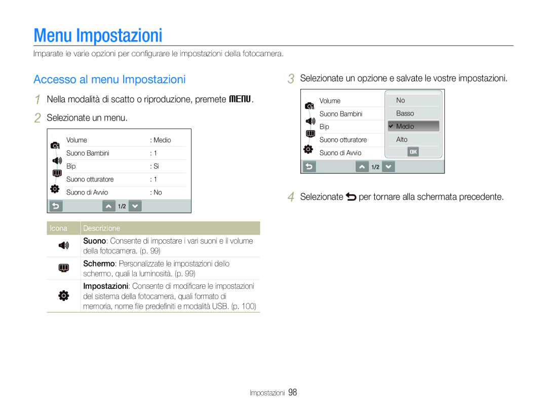 Samsung EC-ST100ZBPGIT Menu Impostazioni, Accesso al menu Impostazioni, Selezionate per tornare alla schermata precedente 