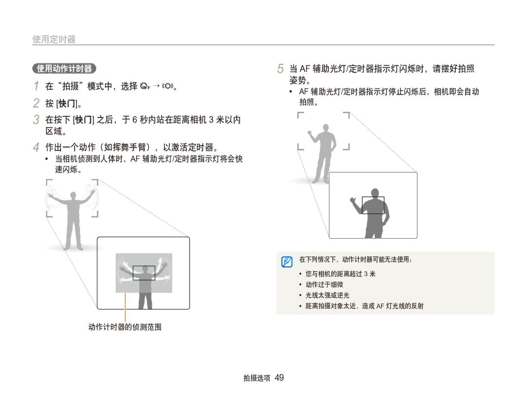 Samsung EC-ST100ZBPGIT 拍摄 模式中，选择 → 。 姿势。, 快门 。, 在按下 快门 之后，于 6 秒内站在距离相机 3 米以内 区域。 作出一个动作（如挥舞手臂），以激活定时器。, 动作计时器的侦测范围 拍摄选项 