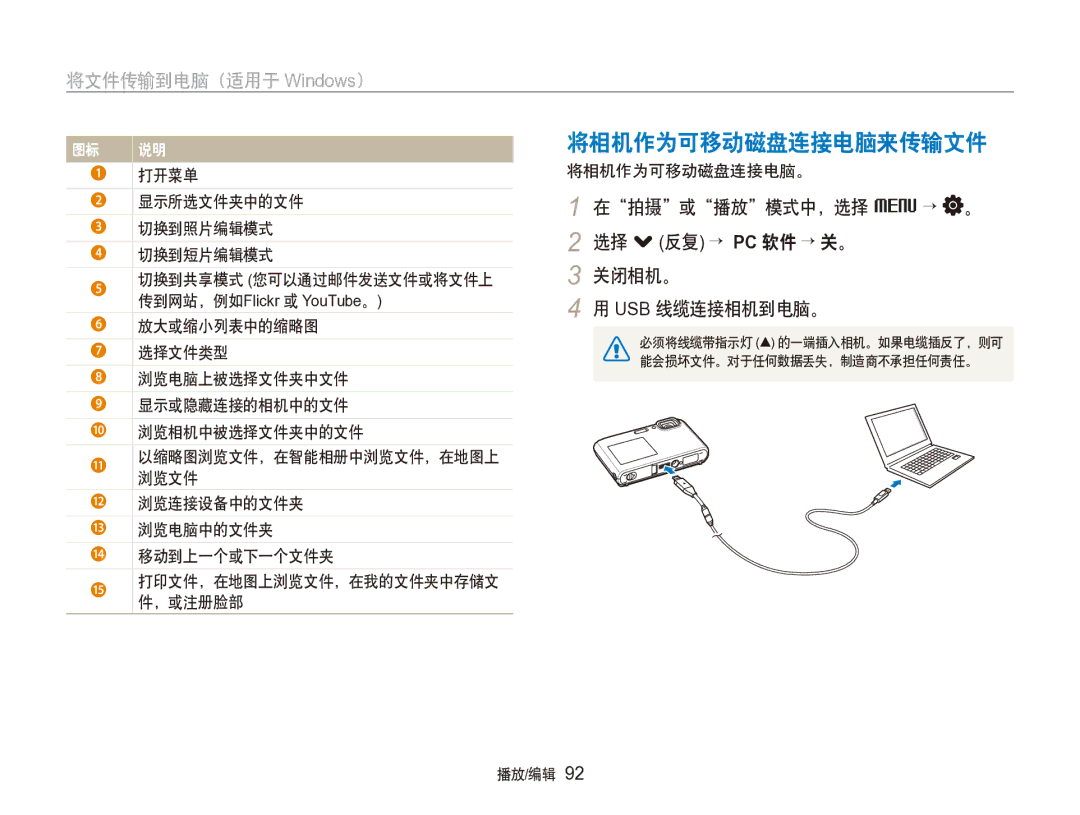 Samsung EC-ST100ZBPGIT manual 将相机作为可移动磁盘连接电脑来传输文件 