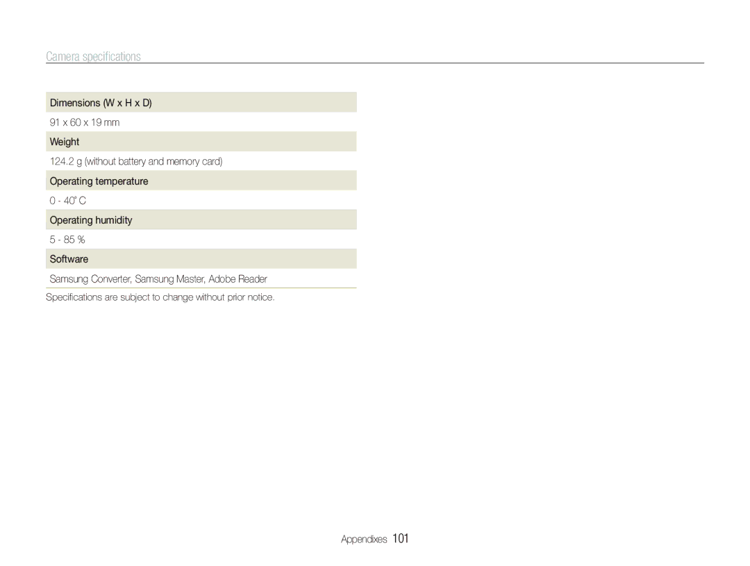 Samsung EC-ST10ZRBP/E3, EC-ST10ZABP/FR, EC-ST10ZSBP/IT manual Speciﬁcations are subject to change without prior notice 