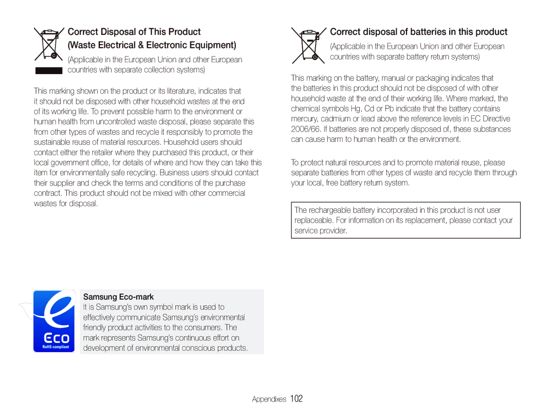 Samsung EC-ST10ZGBA/RU, EC-ST10ZABP/FR, EC-ST10ZSBP/IT manual Correct disposal of batteries in this product, Samsung Eco-mark 