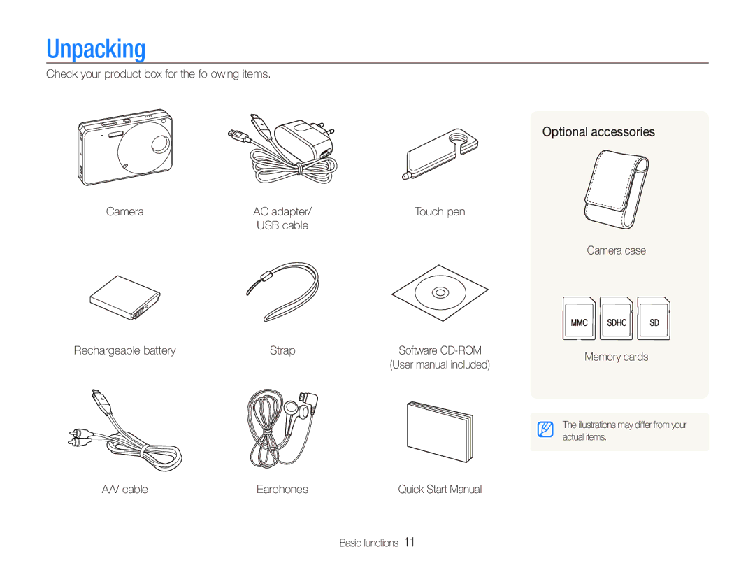 Samsung EC-ST10ZABP/SA, EC-ST10ZABP/FR, EC-ST10ZSBP/IT, EC-ST10ZBBP/IT, EC-ST10ZSBA/IT manual Unpacking, Optional accessories 