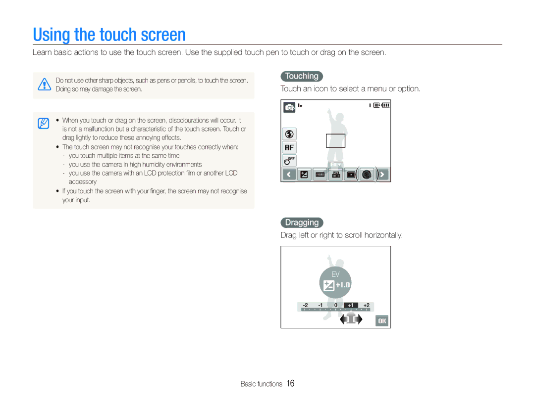 Samsung EC-ST10ZGBP/VN, ES-ST10UBP/VN Using the touch screen, Touching, Dragging, Touch an icon to select a menu or option 