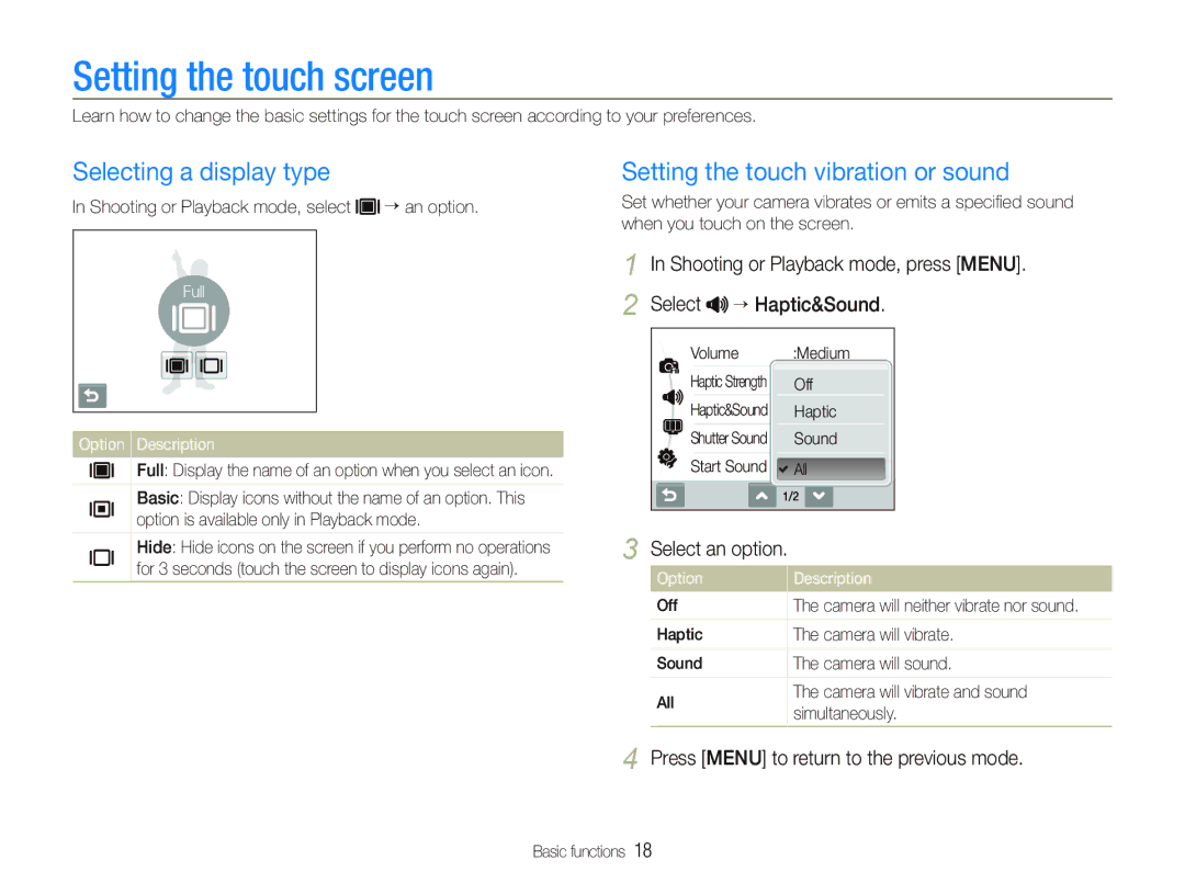 Samsung EC-ST10ZGBA/RU manual Setting the touch screen, Shooting or Playback mode, press Menu Select “ Haptic&Sound 