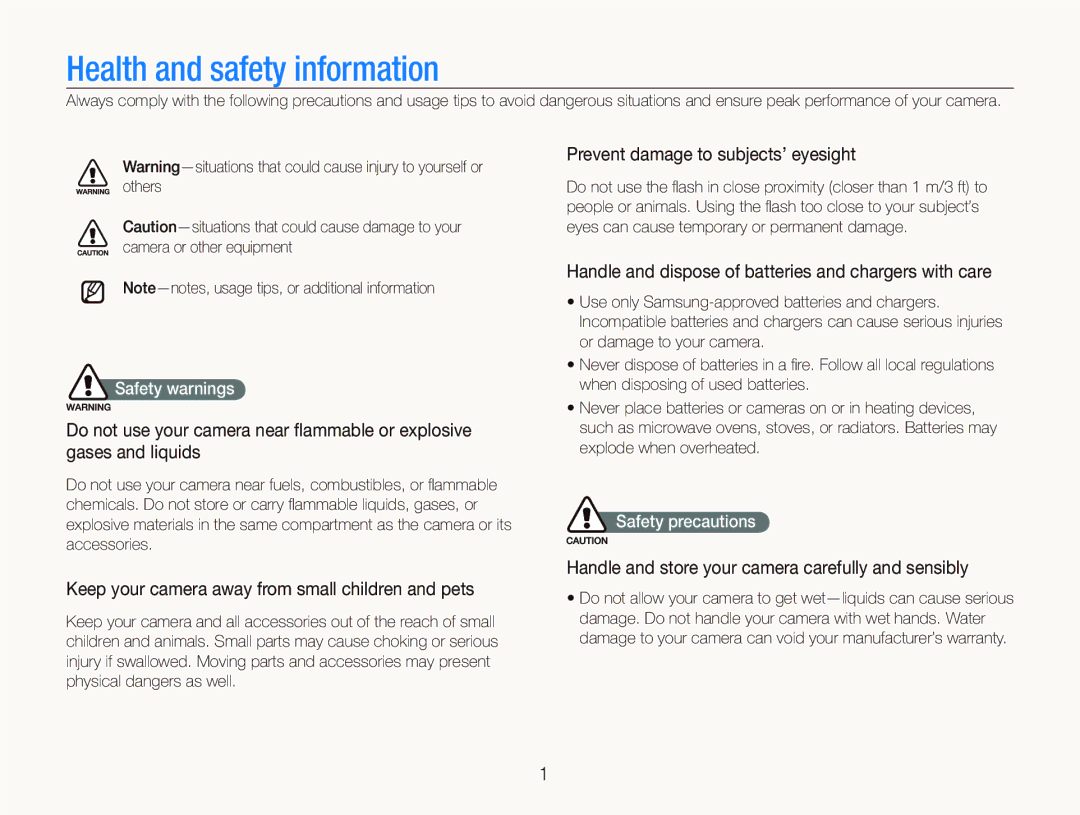 Samsung EC-ST10ZBBP/IT manual Prevent damage to subjects’ eyesight, Keep your camera away from small children and pets 