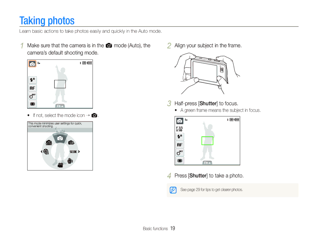 Samsung EC-ST10ZBBP/RU, EC-ST10ZABP/FR Taking photos, Align your subject in the frame Half-press Shutter to focus, Auto 