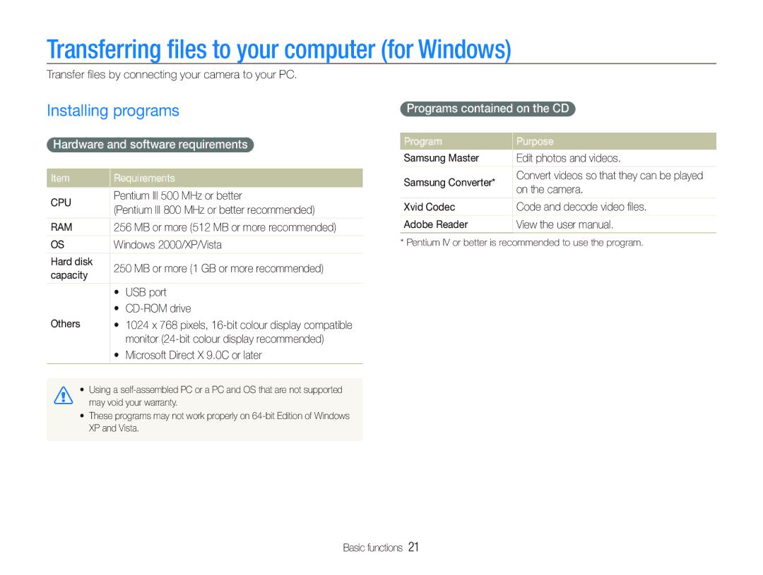 Samsung EC-ST10ZPBA/RU Transferring ﬁles to your computer for Windows, Installing programs, Programs contained on the CD 