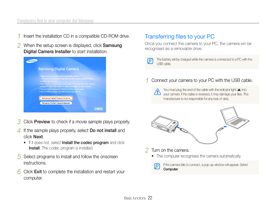 Samsung EC-ST10ZUBA/RU Transferring ﬁles to your PC, Transferring ﬁles to your computer for Windows, Turn on the camera 