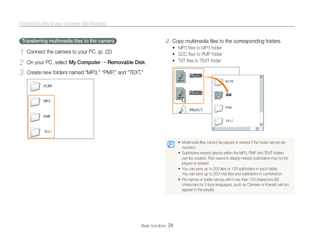 Samsung EC-ST10ZABA/RU manual Copy multimedia ﬁles to the corresponding folders, Transferring multimedia ﬁles to the camera 