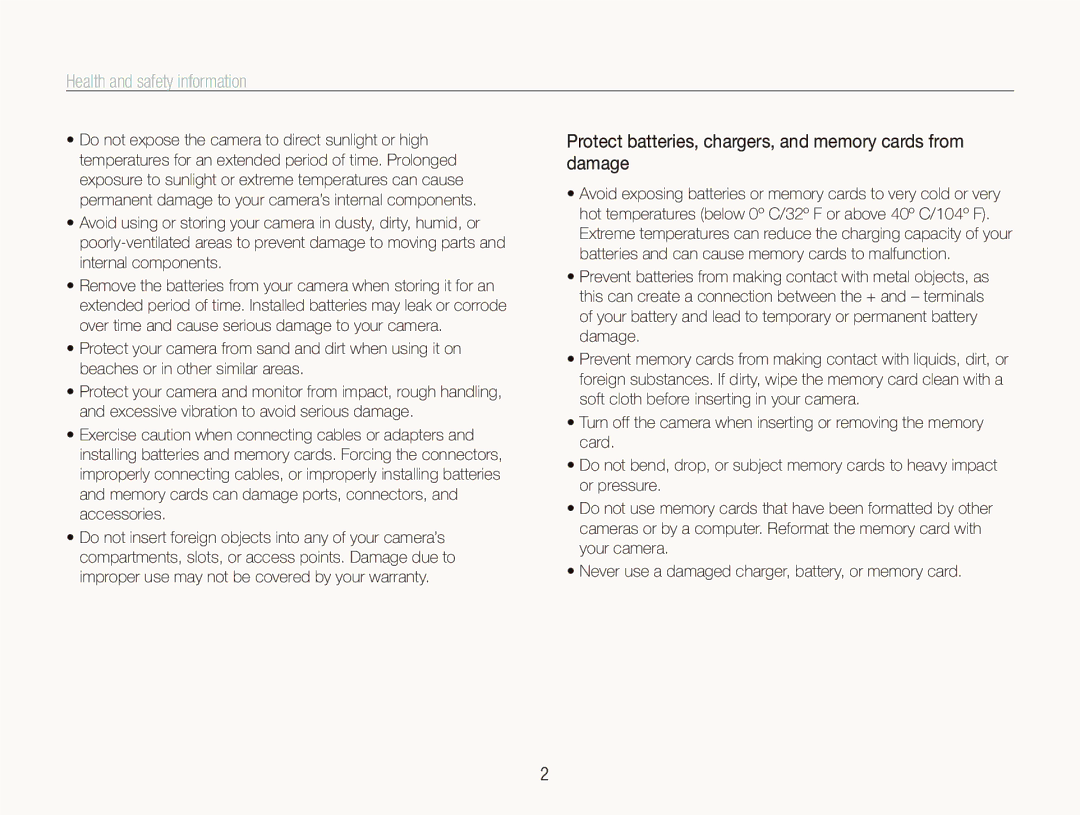 Samsung EC-ST10ZSBA/IT manual Health and safety information, Protect batteries, chargers, and memory cards from damage 