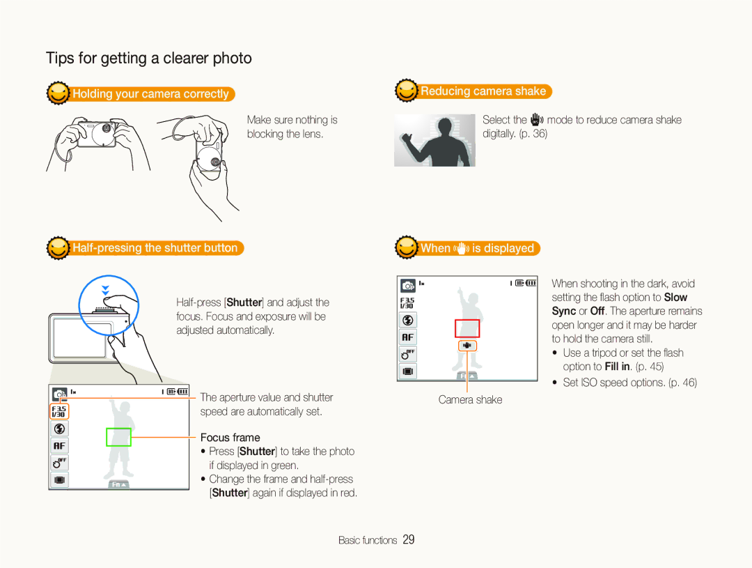 Samsung EC-ST10ZBBP/IT manual Holding your camera correctly, Half-pressing the shutter button, Reducing camera shake 