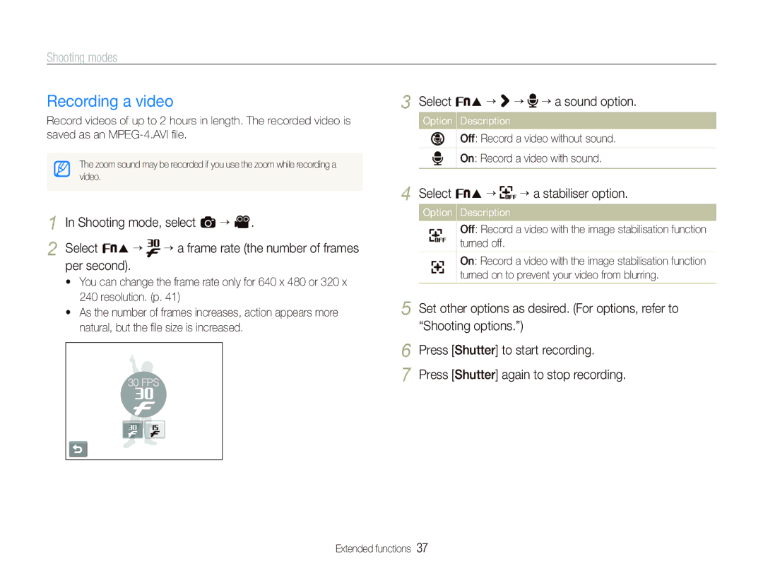 Samsung EC-ST10ZSBP/ME, EC-ST10ZABP/FR manual Recording a video, Select f “ ““ ““a sound option, FPS Option Description 