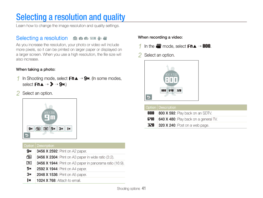 Samsung EC-ST10ZABP/VN, EC-ST10ZABP/FR, EC-ST10ZSBP/IT Selecting a resolution and quality, Selecting a resolution S a p s d 