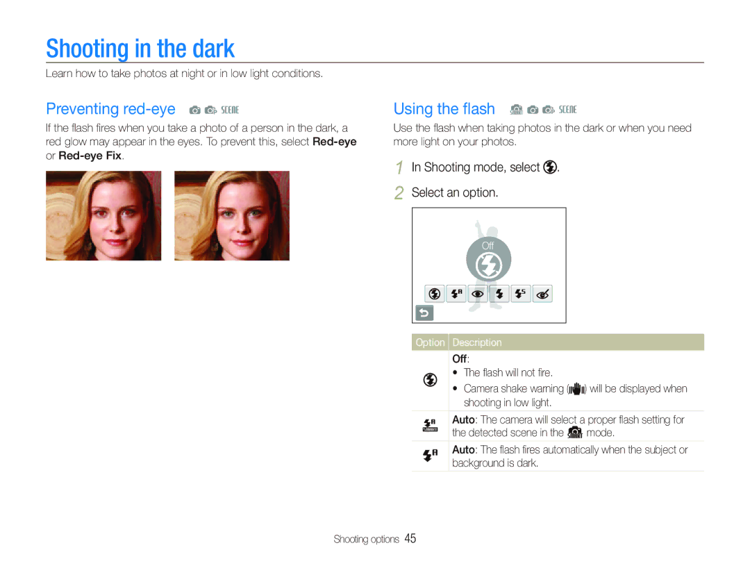 Samsung EC-ST10ZRBP/E3, EC-ST10ZABP/FR manual Shooting in the dark, Preventing red-eye a p s, Using the ﬂash S a p s 