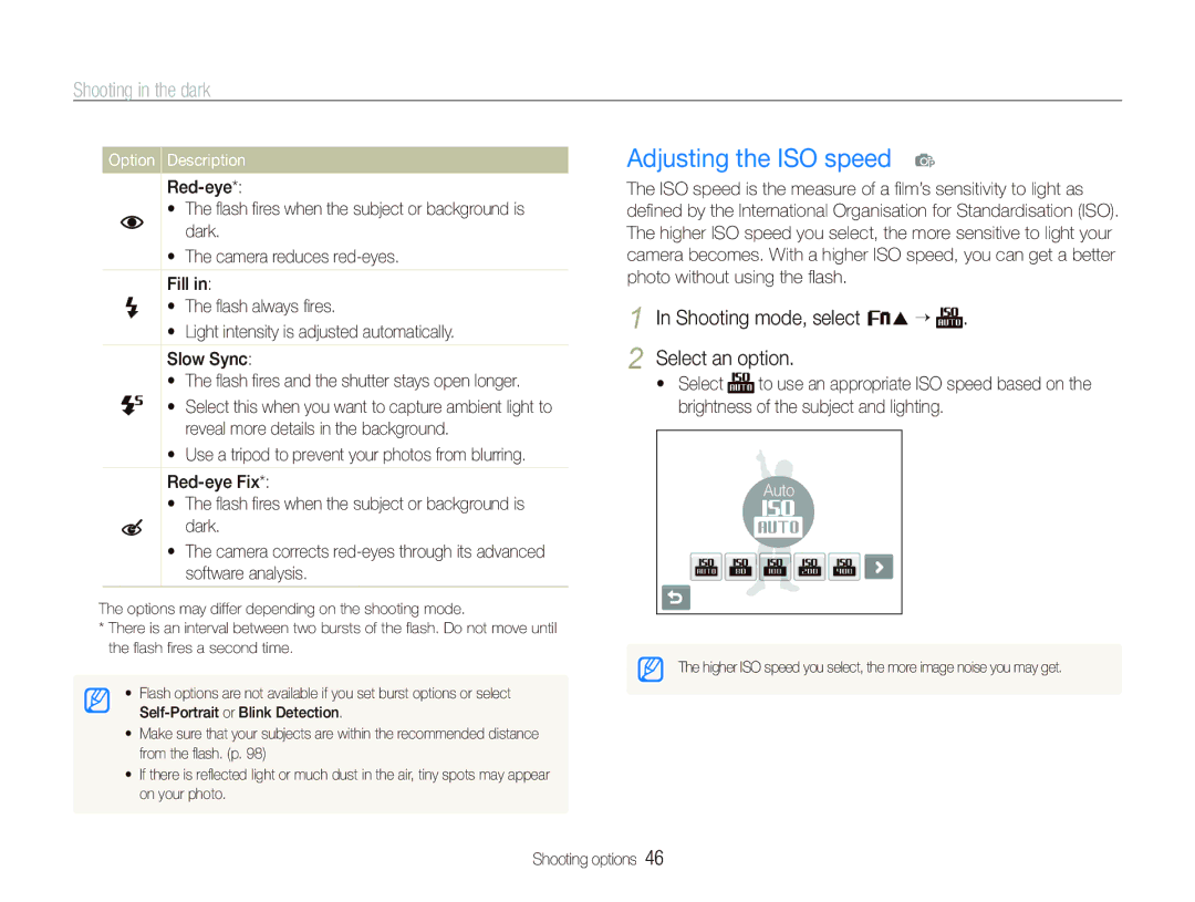 Samsung EC-ST10ZGBA/RU manual Adjusting the ISO speed p, Shooting in the dark, Shooting mode, select f “ Select an option 