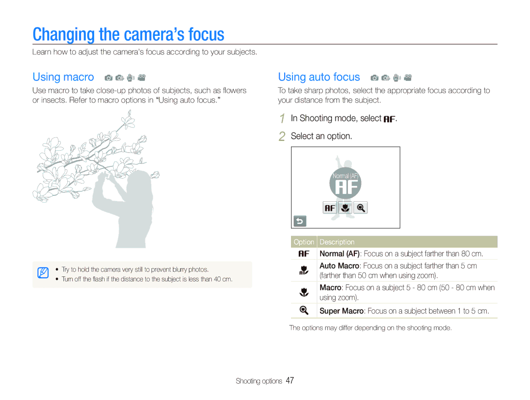 Samsung EC-ST10ZBBP/RU manual Changing the camera’s focus, Using macro a p d, Using auto focus a p d, Shooting mode, select 