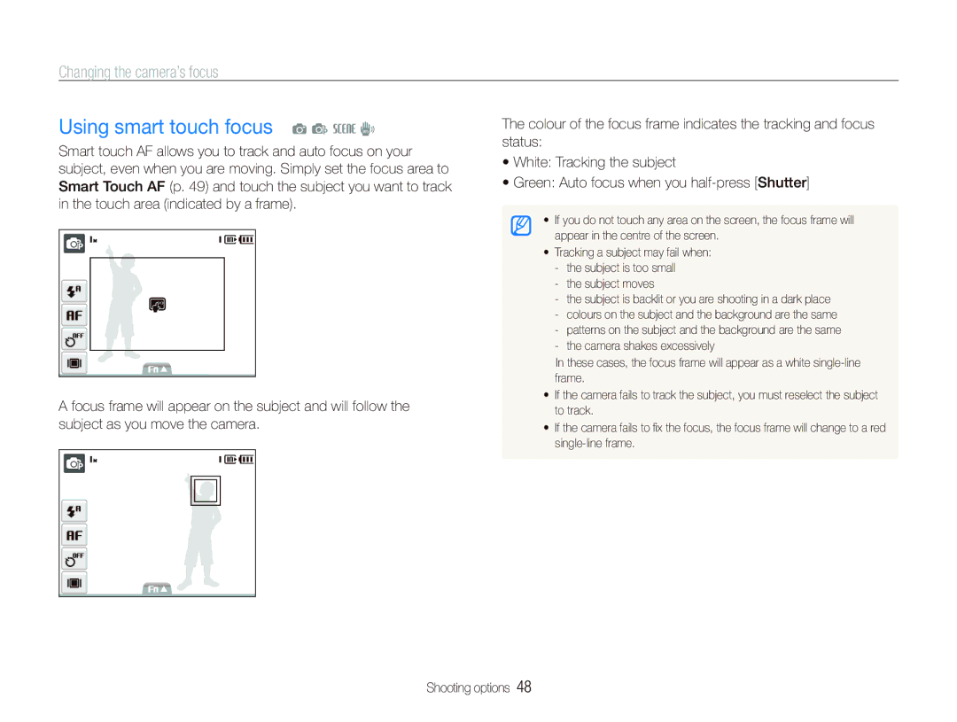 Samsung EC-ST10ZSBP/RU, EC-ST10ZABP/FR, EC-ST10ZSBP/IT manual Using smart touch focus a p s d, Changing the camera’s focus 