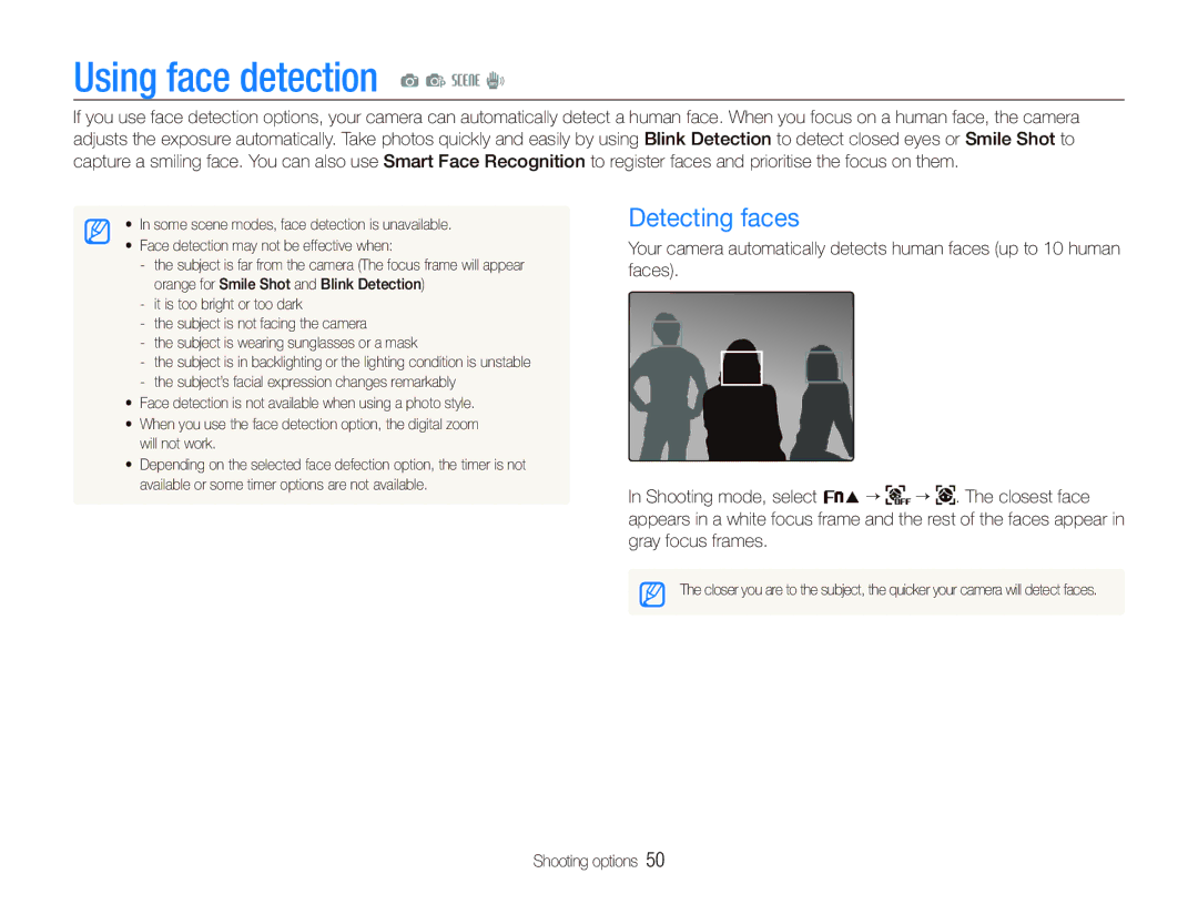 Samsung EC-ST10ZUBA/RU, EC-ST10ZABP/FR, EC-ST10ZSBP/IT, EC-ST10ZBBP/IT manual Using face detection a p s d, Detecting faces 