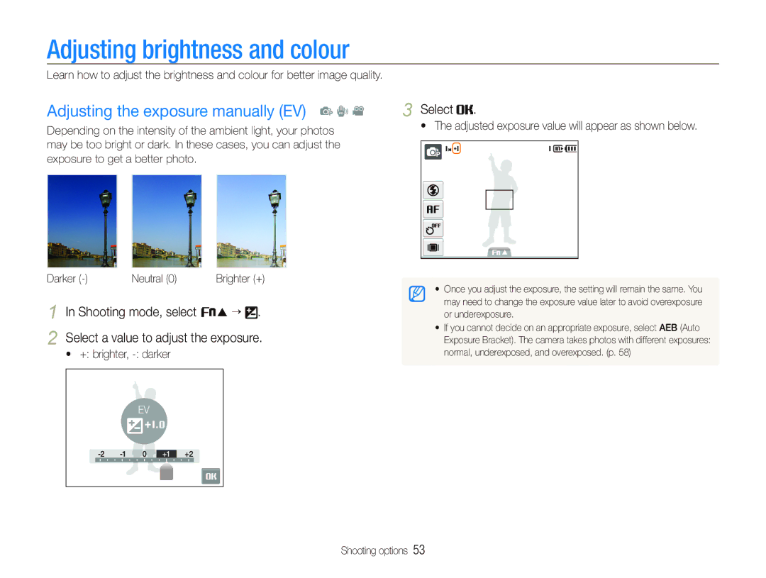 Samsung EC-ST10ZRBP/RU, EC-ST10ZABP/FR Adjusting brightness and colour, Adjusting the exposure manually EV p d 