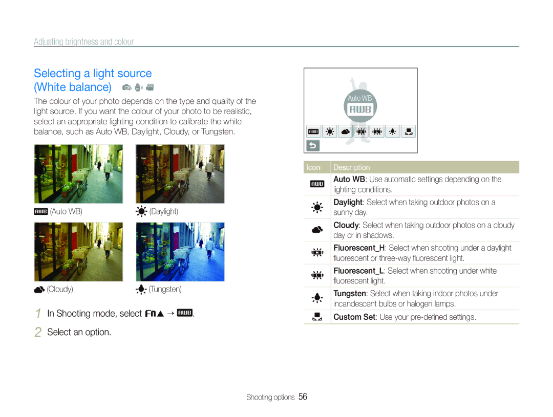 Samsung EC-ST10ZSBP/IT manual Selecting a light source White balance p d, Shooting mode, select f ““ Select an option 