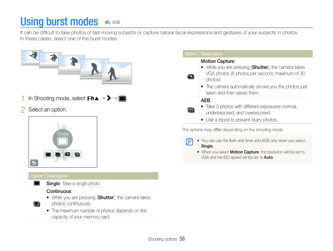 Samsung EC-ST10ZSBA/IT Using burst modes p s, Shooting mode, select f “ “ Select an option, Single Option Description 