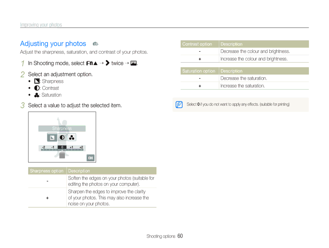 Samsung EC-ST10ZRBP/IT manual Adjusting your photos p, Improving your photos, Select a value to adjust the selected item 