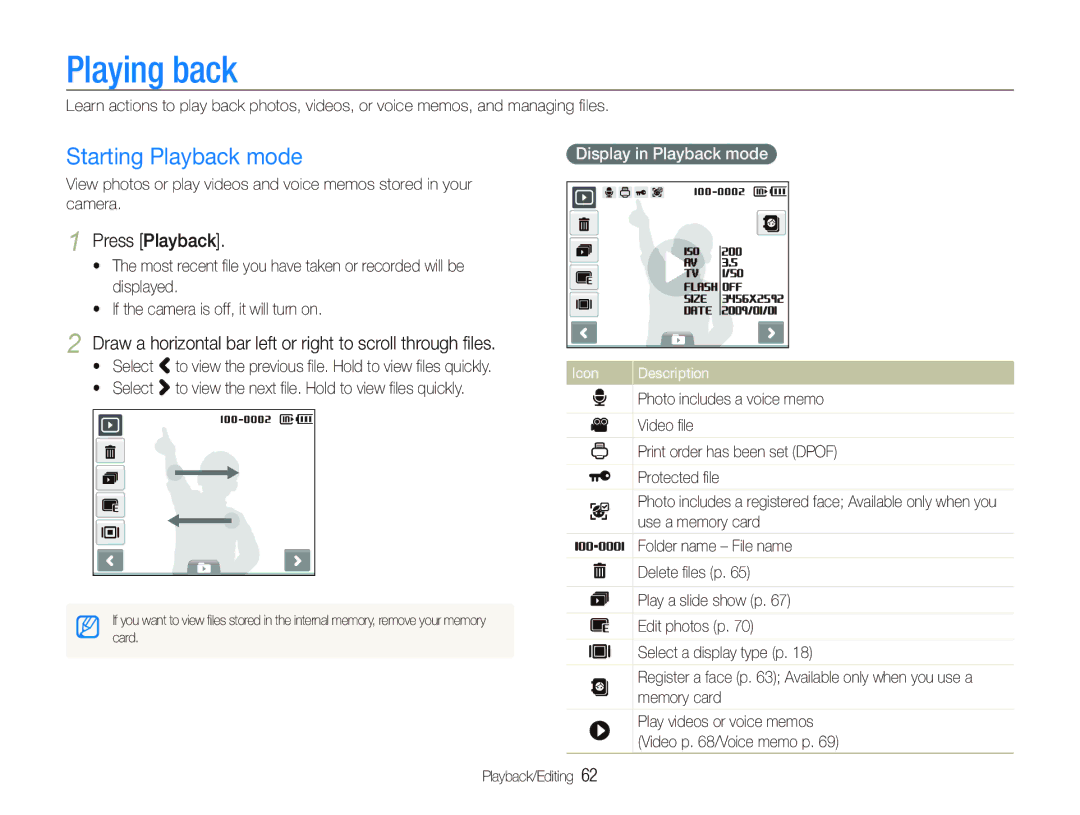 Samsung EC-ST10ZSBP/SA, EC-ST10ZABP/FR manual Playing back, Starting Playback mode, Press Playback, Display in Playback mode 