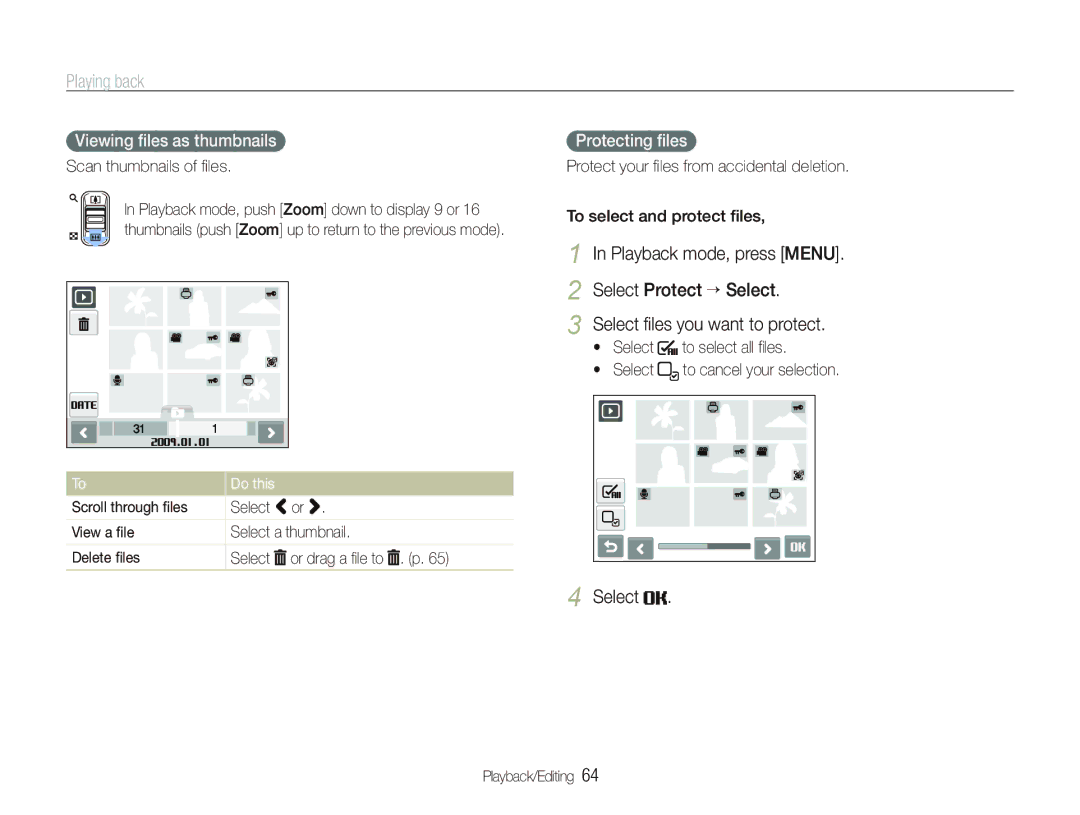 Samsung EC-ST10ZRBP/ME, EC-ST10ZABP/FR manual Viewing ﬁles as thumbnails, Protecting ﬁles, Scan thumbnails of ﬁles, Do this 