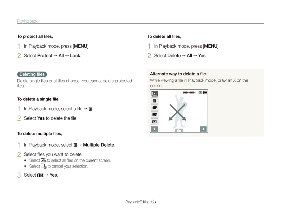Samsung EC-ST10ZSBP/ME, EC-ST10ZABP/FR Playback mode, press Menu Select Protect ““All ““Lock, Select “ Yes, Deleting ﬁles 