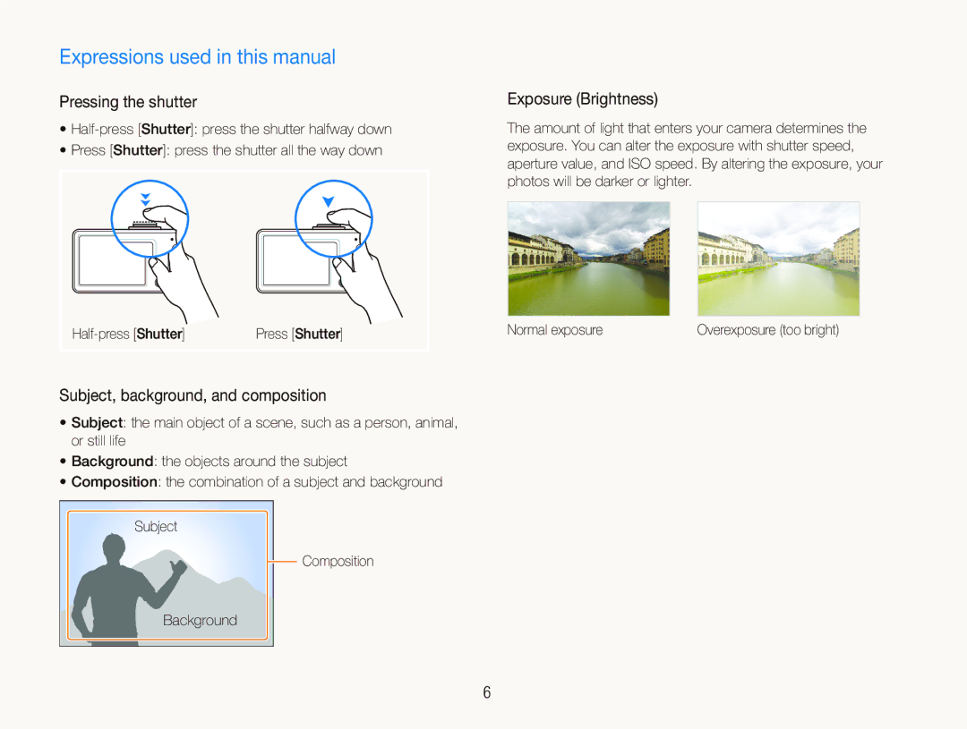 Samsung EC-ST10ZSBP/SA Expressions used in this manual, Pressing the shutter, Subject, background, and composition 