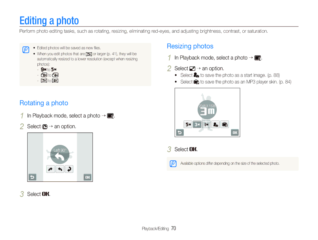 Samsung EC-ST10ZSBP/VN, EC-ST10ZABP/FR, EC-ST10ZSBP/IT, EC-ST10ZBBP/IT Editing a photo, Rotating a photo, Resizing photos 