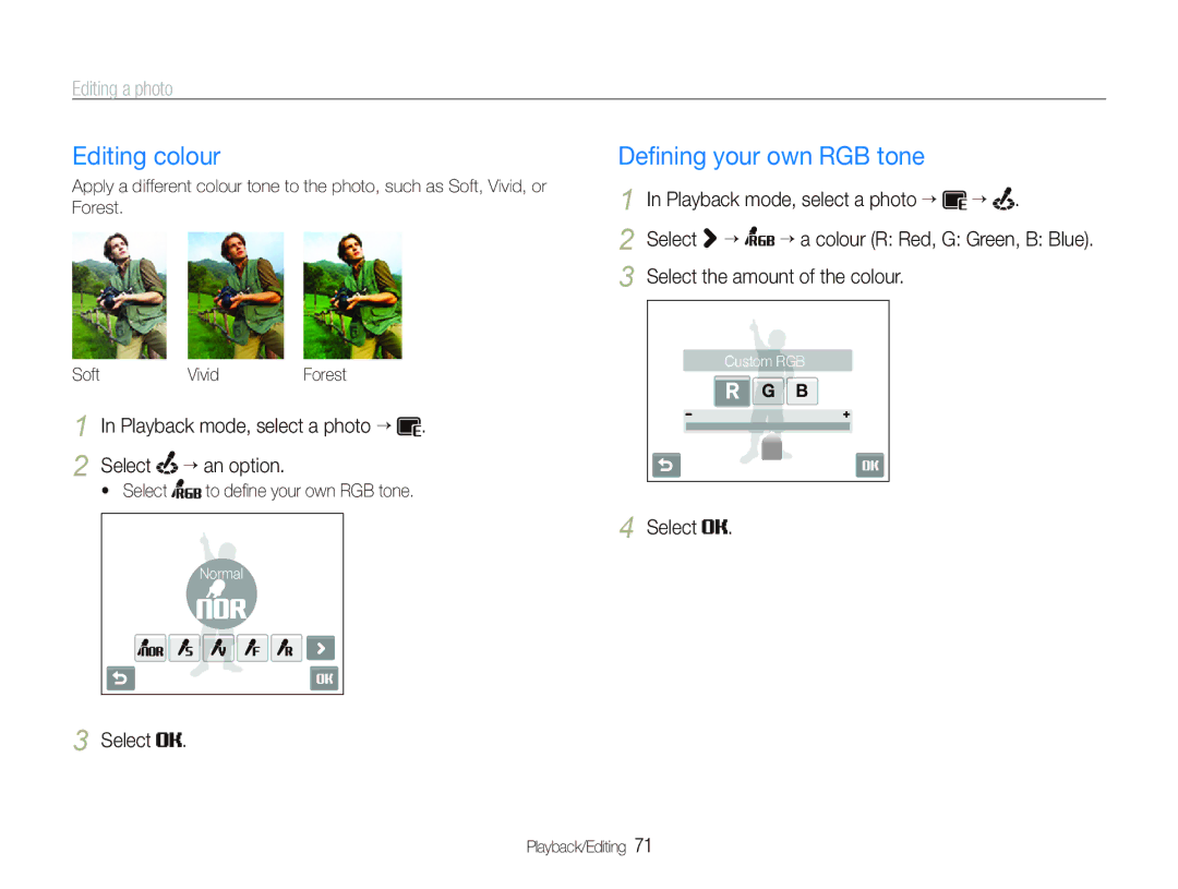 Samsung EC-ST10ZPBP/VN, EC-ST10ZABP/FR Editing colour, Editing a photo, Playback mode, select a photo ““ ““, Select ““ 