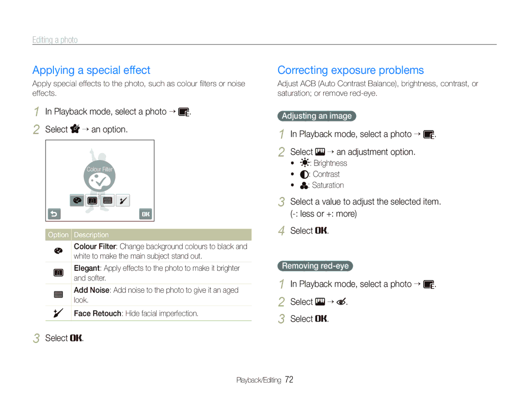 Samsung EC-ST10ZGBP/VN Applying a special effect, Correcting exposure problems, Playback mode, select a photo “ Select ““ 