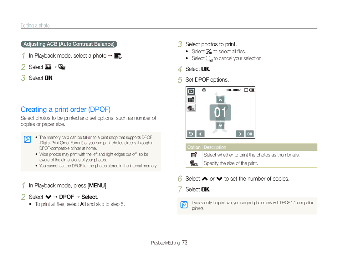 Samsung EC-ST10ZRBP/E3, EC-ST10ZABP/FR, EC-ST10ZSBP/IT, EC-ST10ZBBP/IT, EC-ST10ZSBA/IT manual Creating a print order Dpof 