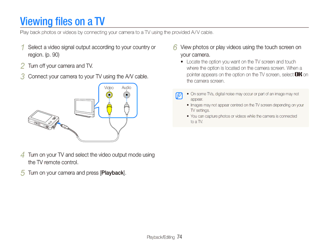 Samsung EC-ST10ZGBA/RU, EC-ST10ZABP/FR, EC-ST10ZSBP/IT, EC-ST10ZBBP/IT, EC-ST10ZSBA/IT, EC-ST10ZABA/IT Viewing ﬁles on a TV 