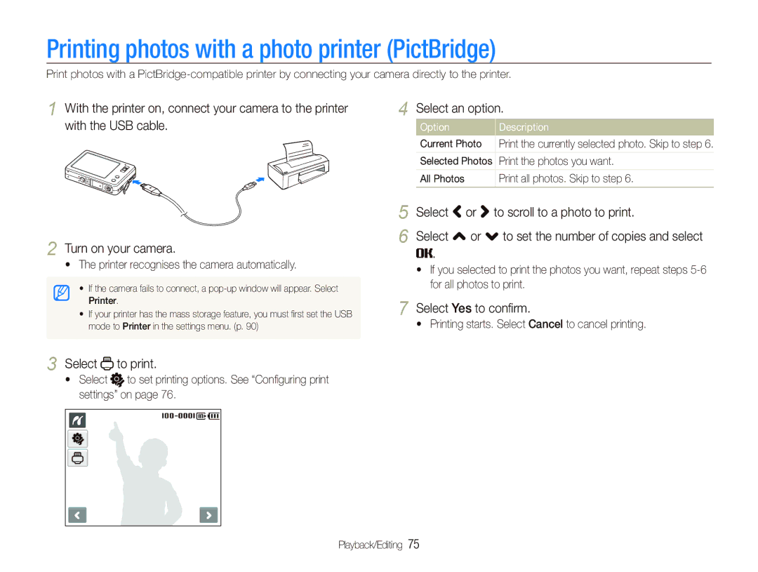 Samsung EC-ST10ZBBP/RU manual Printing photos with a photo printer PictBridge, Select to print, Select Yes to conﬁrm 