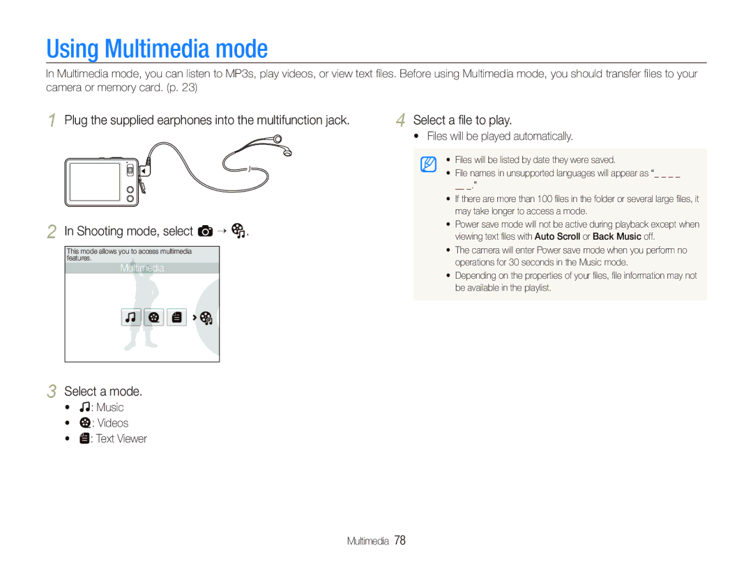 Samsung EC-ST10ZUBA/RU, EC-ST10ZABP/FR, EC-ST10ZSBP/IT manual Using Multimedia mode, Select a mode, Select a ﬁle to play 