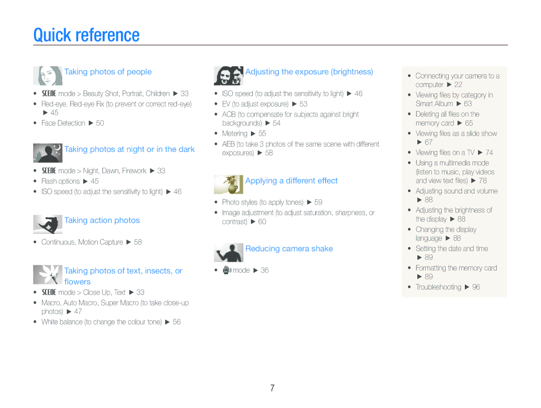 Samsung EC-ST10ZGBP/ME, EC-ST10ZABP/FR, EC-ST10ZSBP/IT, EC-ST10ZBBP/IT manual Quick reference, Taking photos of people 