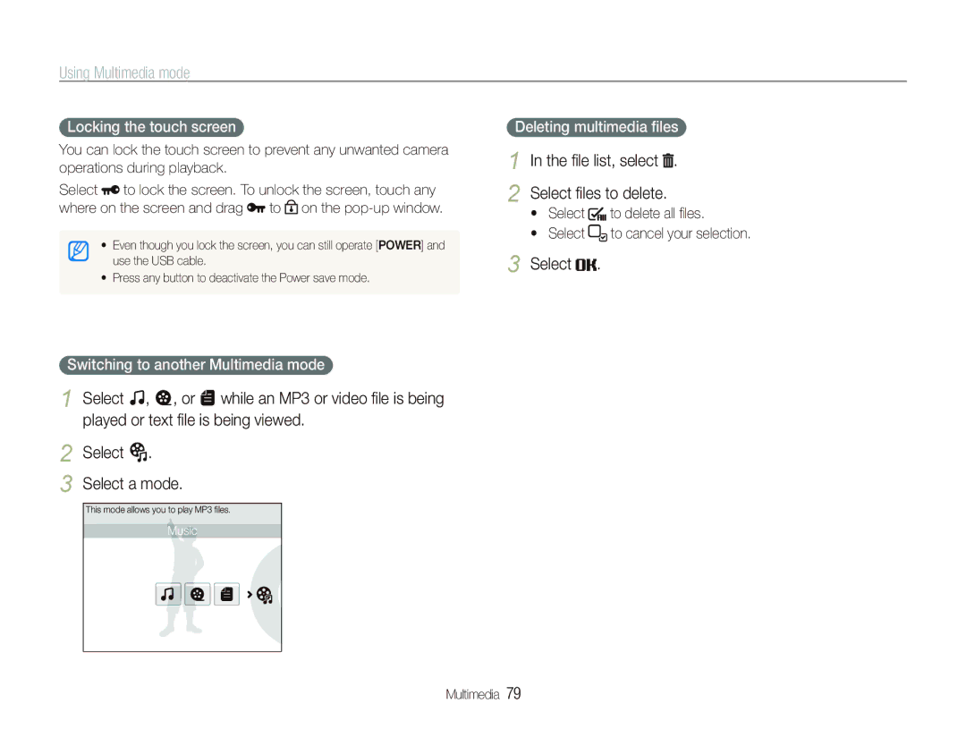 Samsung EC-ST10ZSBA/RU, EC-ST10ZABP/FR manual Using Multimedia mode, Locking the touch screen, Deleting multimedia ﬁles 