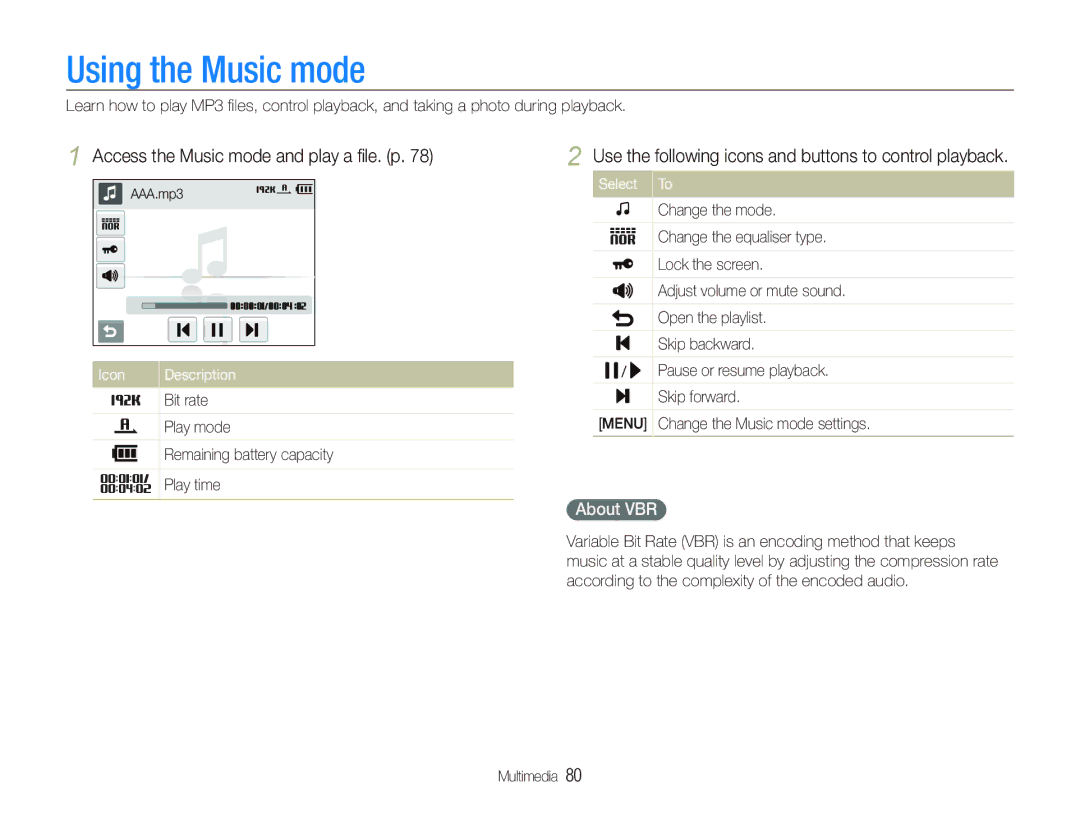 Samsung EC-ST10ZABA/RU, EC-ST10ZABP/FR Using the Music mode, Access the Music mode and play a ﬁle. p, About VBR, Select To 