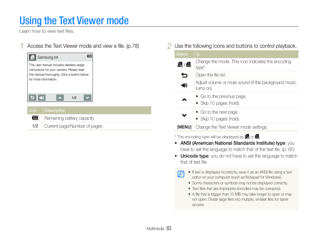 Samsung EC-ST10ZABP/FR, EC-ST10ZSBP/IT manual Using the Text Viewer mode, Access the Text Viewer mode and view a ﬁle. p.78 