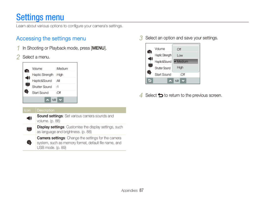 Samsung EC-ST10ZABA/IT Settings menu, Accessing the settings menu, Shooting or Playback mode, press Menu Select a menu 