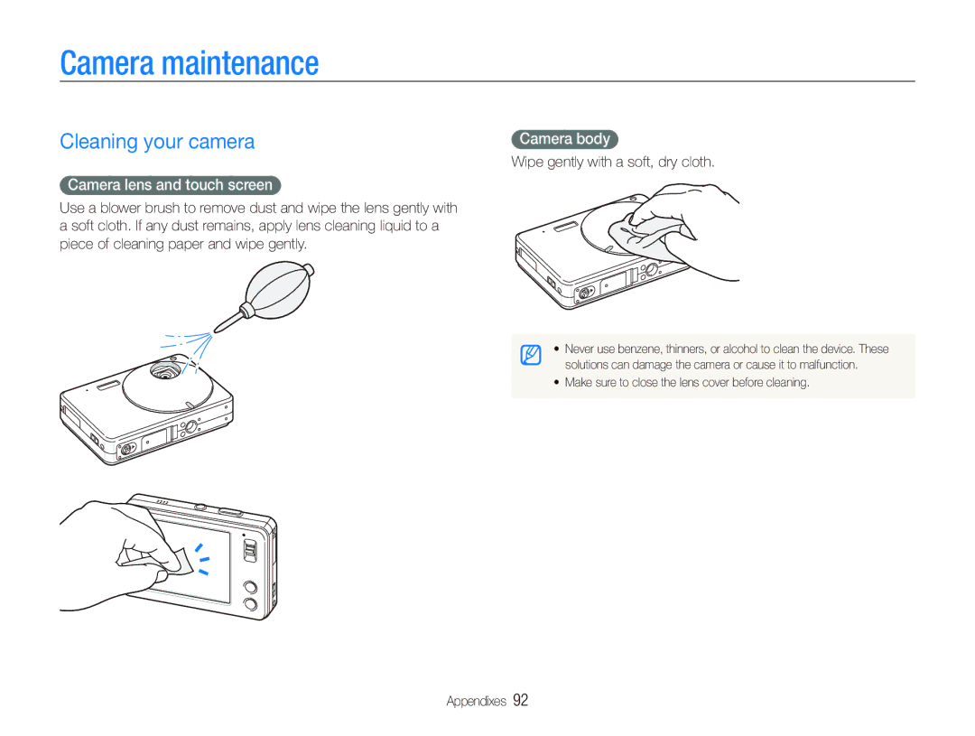 Samsung EC-ST10ZRBP/ME, EC-ST10ZABP/FR Camera maintenance, Cleaning your camera, Camera lens and touch screen, Camera body 