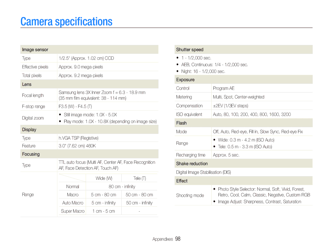 Samsung EC-ST10ZSBP/VN, EC-ST10ZABP/FR, EC-ST10ZSBP/IT, EC-ST10ZBBP/IT, EC-ST10ZSBA/IT, EC-ST10ZABA/IT Camera speciﬁcations 