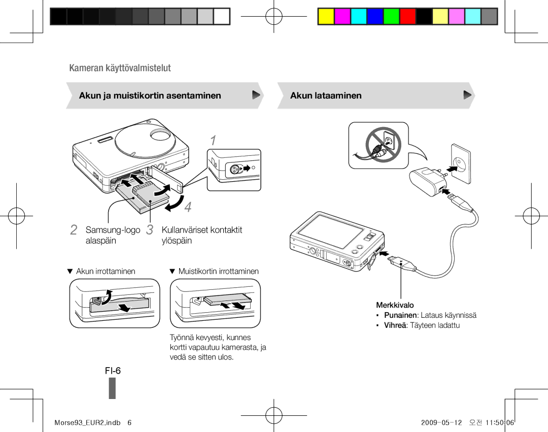 Samsung EC-ST10ZPBP/VN manual FI-6, Akun ja muistikortin asentaminen, Samsung-logo Kullanväriset kontaktit, Ylöspäin 