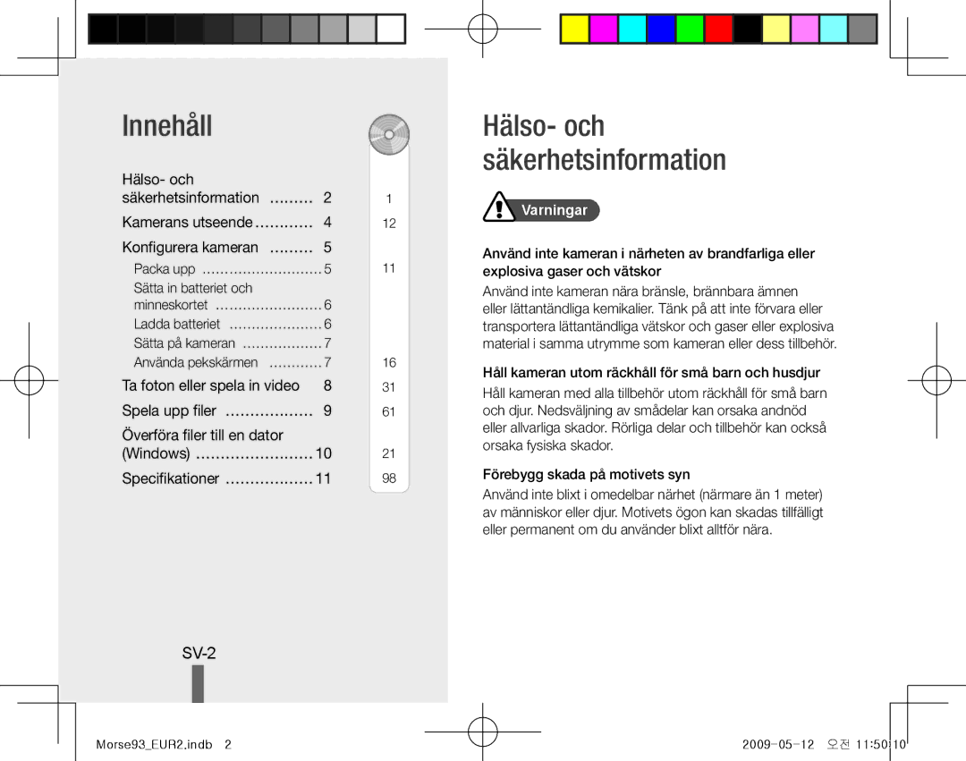 Samsung EC-ST10ZPBA/RU, EC-ST10ZABP/FR, EC-ST10ZSBP/IT Innehåll, SV-2, Hälso- och, Överföra filer till en dator, Varningar 