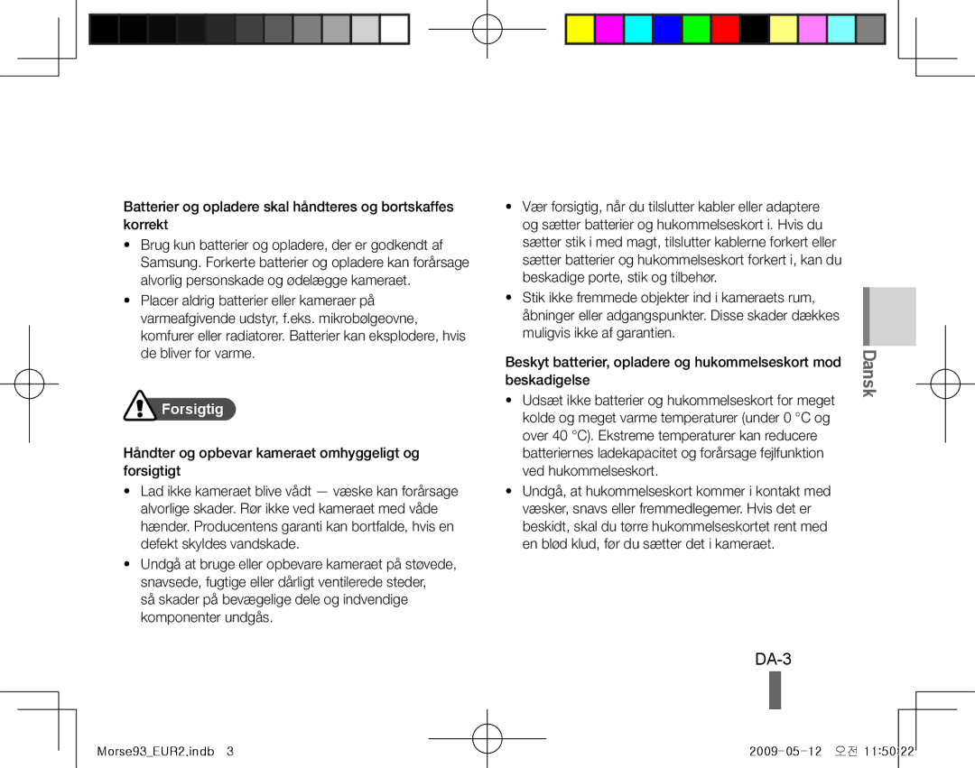 Samsung EC-ST10ZRBP/IT, EC-ST10ZABP/FR manual DA-3, Batterier og opladere skal håndteres og bortskaffes korrekt, Forsigtig 